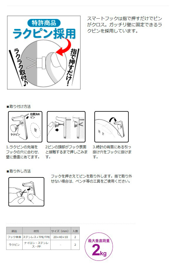 ねじ・ボルト・ナット・その他DIY商品の販売、通販サイト ねじナビ。 石こう壁用フック:スマートフック 用途別 クロックフック