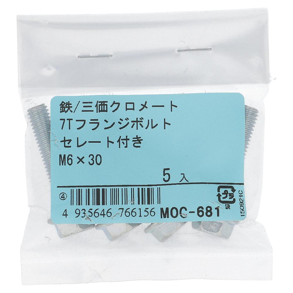 鉄/三価クロメート 7Tフランジボルト セレート付き 全ねじ M6X30 (5本入)