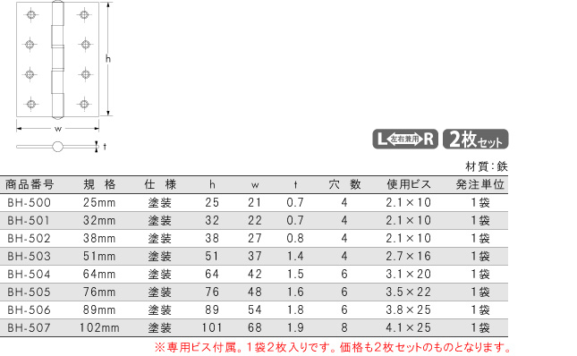 ビス止めカラー丁番　ゴールド(2枚セット)